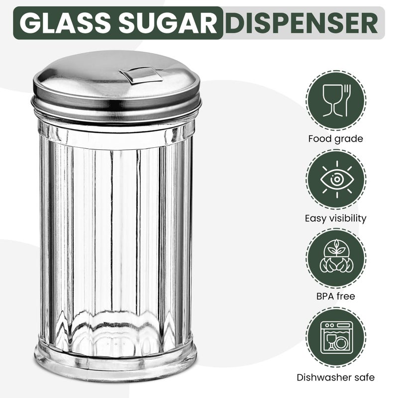 Great Credentials Retro Style Sugar Dispenser Pourer Shaker, Glass Jar with Stainless Steel Pour-Flap Lid, 12 oz, Set of 2 - Image 5
